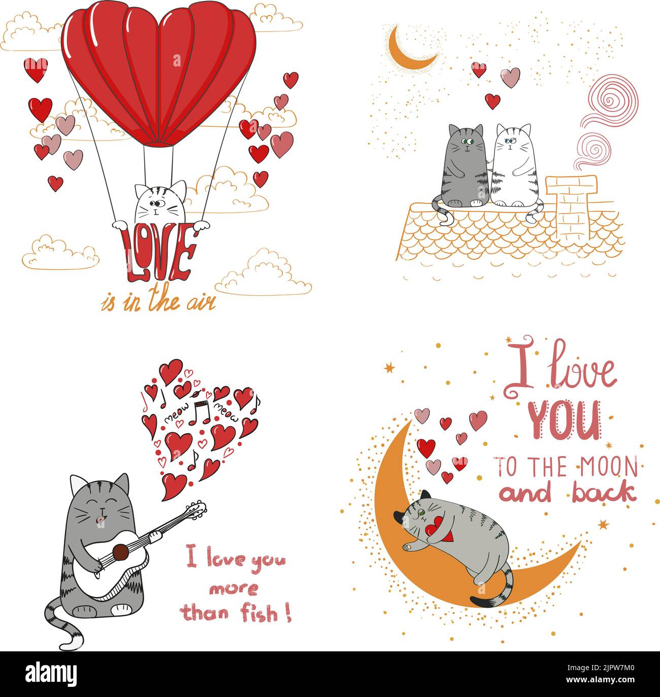 Cute cats in love. Set of funny cartoon cats isolated on white background. Romantic vector illustrations for birthday cards, invitations, Valentine`s Stock Vector